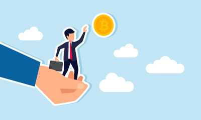 A hand assisting a businessman tries to help him grab a bitcoin, illustration of support from a third party in acquiring or increasing bitcoin collection.