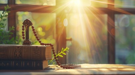 Rosary Beads and Cross on Books With Sunbeams