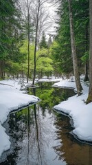 Obraz premium Serene Winter Forest Stream with Snow-Covered Banks and Lush Greenery Reflecting in Calm Waters