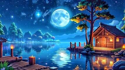 Tranquil Night Lake Landscape with Cabin and Pier Illustration