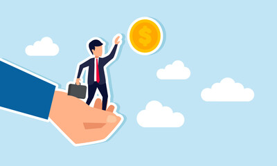 A hand assisting a businessman tries to help him grab a dollar coin, illustration of support from a third party in acquiring or increasing dollar assets.