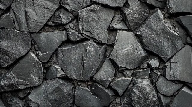 A close-up of a stone wall made of dark, flat rocks
