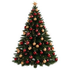Beautifully decorated Christmas tree with red and gold ornaments and garland on a transparent background.
