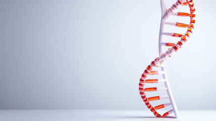 A red DNA helix stands out against a clean white background, symbolizing the building blocks of life and the vast potential of genetic research.