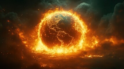 Obraz premium A burning planet Earth, engulfed in flames, represents the urgent dangers of global warming and environmental destruction.