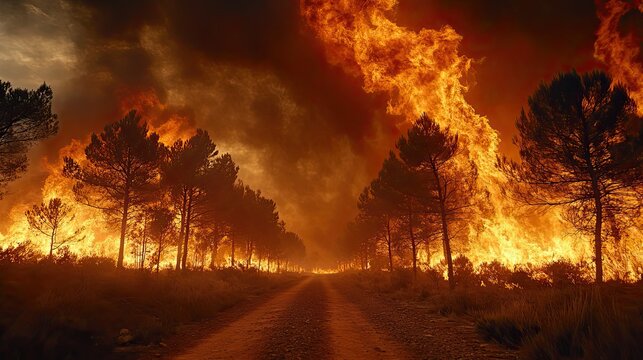 A bushfire blazes near a dirt road, its flames spreading dangerously close to the town's outskirts.