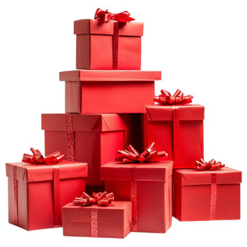 Stack of red gift boxes tied with ribbon on a transparent background.
