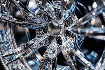 A detailed close-up of gleaming metal wheels, highlighting their complex patterns and shimmering reflections, ideal for car lovers.