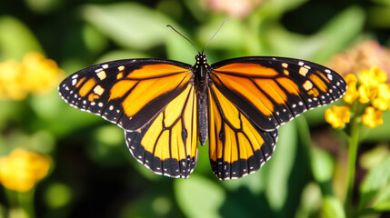 Naklejka premium a majestic monarch butterfly with its iconic orange and black wings, gracefully perched on a vibrant yellow flower.