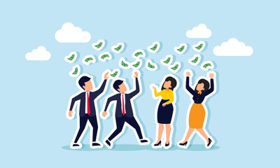 Several businessmen scrambling for flying money, illustration of competition for a tendered project.