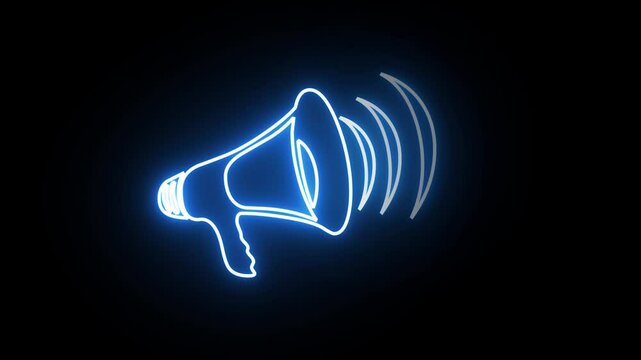 Abstract glowing blue neon hand speaker icon with sound wave animation. Concept of megaphone on black background