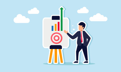 A businessman presenting a target graph on an upward trend, illustration of an explanation of business performance and target growth