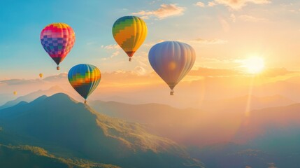 Fototapeta premium Hot Air Balloons at Sunrise Over Mountains