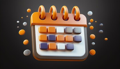 A vibrant digital calendar design, featuring an orange and white spiral-bound notebook with colored squares, set against a dark background.