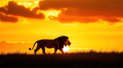 Lion Walking at Sunset in the African Savanna