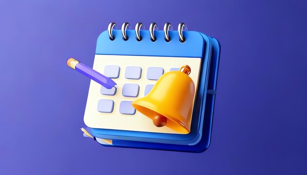 A colorful calendar-themed graphic featuring a blue notepad with a pencil and a yellow notification bell, set against a purple background.