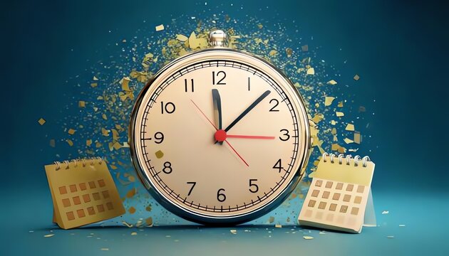 A dynamic image of a clock surrounded by exploding fragments, with calendar pages positioned on either side, symbolizing the concept of time.