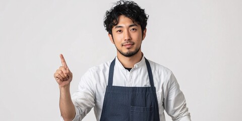 A man of Asian descent in a blue apron gestures toward an object he is holding, set against a white backdrop.