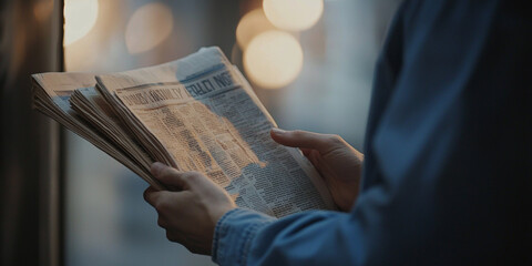 Naklejka premium A close up of hands holding an open newspaper, generative AI