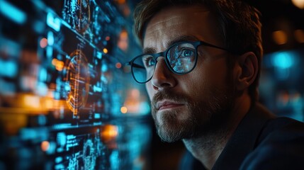 A businessman writes advanced technological terms on a virtual screen, focusing on sustainable development goals.