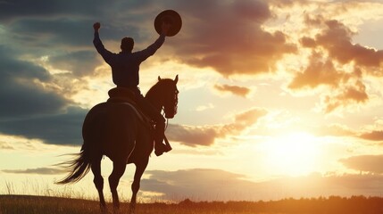 Cowboy Riding into Sunset