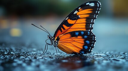 A butterfly with dew on its wings dies on a cold sidewalk, symbolizing the fragility of life and the harsh effects of climate change.