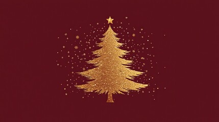 minimalist golden christmas card with a golden xmas tree on a dark red background