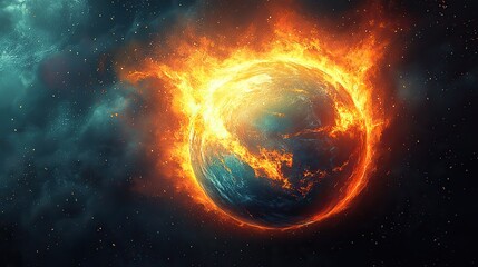 A cartoon illustration showing the planet Earth engulfed in flames, representing the urgent crisis of global warming and the planet's deteriorating condition.