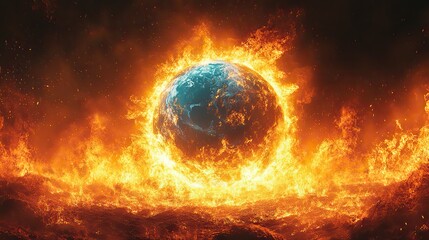Obraz premium A cartoon illustration showing the planet Earth engulfed in flames, representing the urgent crisis of global warming and the planet's deteriorating condition.