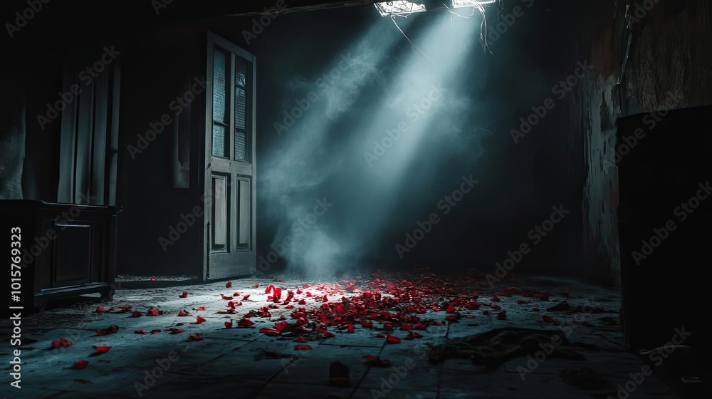 Poster a dimly lit room with soft rays of light illuminating scattered rose petals on the floor, creating a
