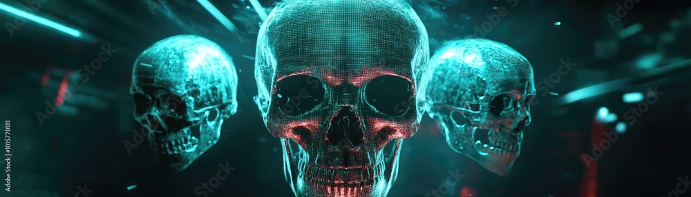 Poster a captivating design featuring futuristic skulls, illuminated by neon lights, creating an eerie yet 