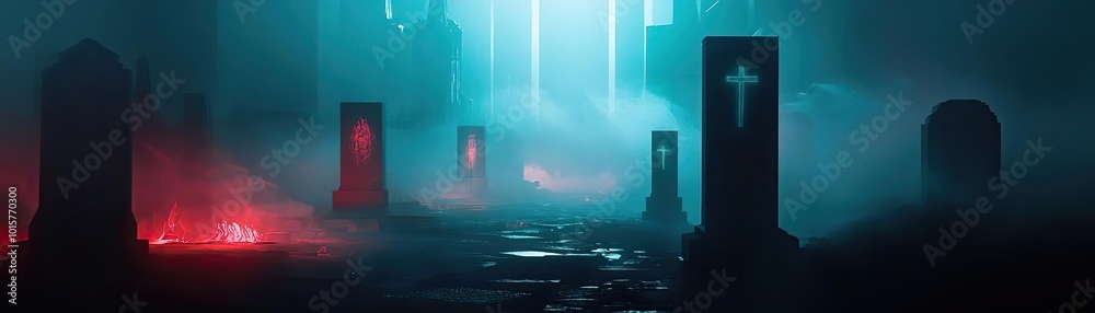 Poster a haunting graveyard scene shrouded in mist, illuminated by eerie light, creating a chilling atmosph