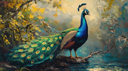 Fototapeta premium A Majestic Peacock in a Tranquil Forest Setting