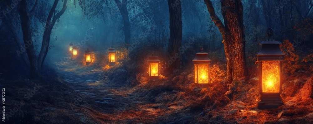 Poster A serene pathway illuminated by glowing lanterns amidst a misty forest, creating an enchanting and magical atmosphere.