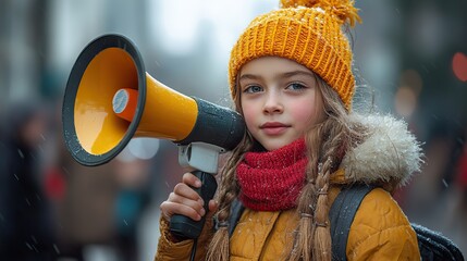 A children’s protest highlights a girl speaking through a megaphone for peace and environmental protection, emphasizing nonviolent action.