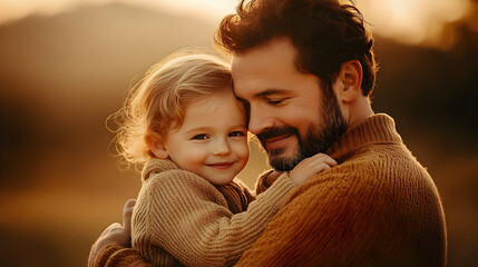 A father lovingly hugs his little daughter, both wearing warm sweaters, in the golden light of a sunset.