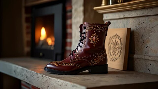 A close look at an intricately designed leather boot on a mantelpiece near a warm fireplace
