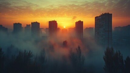 Naklejka premium A city overwhelmed by pollution and overpopulation looms in the distance, a grim warning of the need for sustainable living practices.