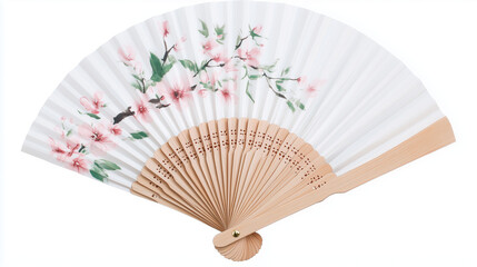 Chinese fans with flowers and bamboos. Wooden sticks. High res. Symbolize culture. Isolated bg.