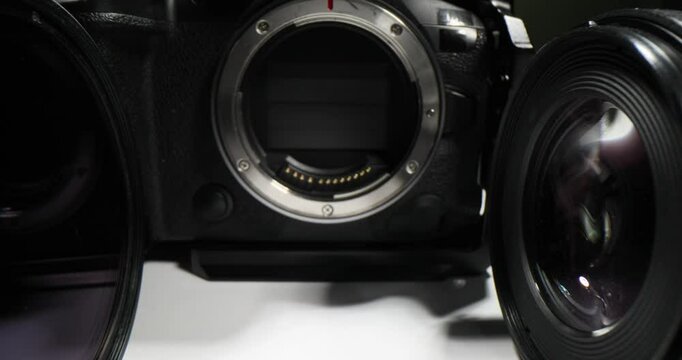 Closeup of camera lens mount with electronic contacts