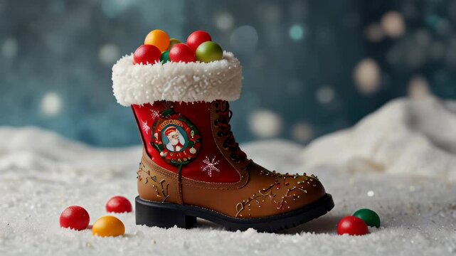Creative holiday boot filled with colorful ornaments on a snowy background during winter festivities