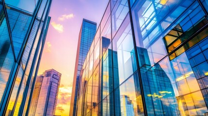 Fototapeta premium A stunning cityscape showcasing skyscrapers reflecting in glass windows, highlighting urban architecture and corporate office buildings during dusk