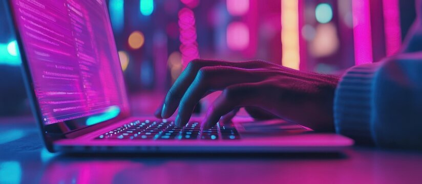 Person's hand typing on a laptop with a colorful screen in a neon light setting.