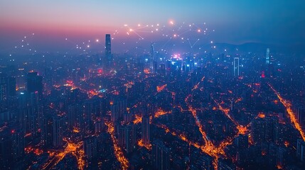 Obraz premium A cityscape with communication networks illustrating mobile internet technology for smart grids, 5G, and global business.