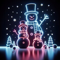 Naklejka premium A Beautiful snowman family on a black background. 3D rendering. Neon lights