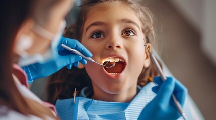 Dentist performing a routine checkup on a young child making the experience fun and engaging with colorful dental tools