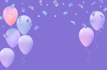 Balloons with confetti flying up. Composition for card design, festive confetti scattered around balloons. Decoration for a big event, birthday, anniversary, carnival. Vector 3d banner.
