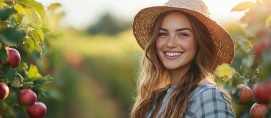 A young woman in a straw hat smiles in an apple orchard.