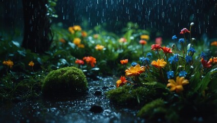 Nighttime rain-soaked garden with vibrant flowers and raindrops on leaves