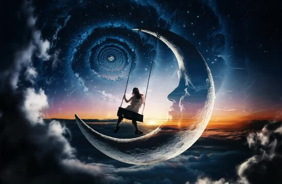 A woman sits on a swing suspended from a crescent moon, surrounded by swirling clouds and stars. The moon's face is visible, adding a surreal touch.
